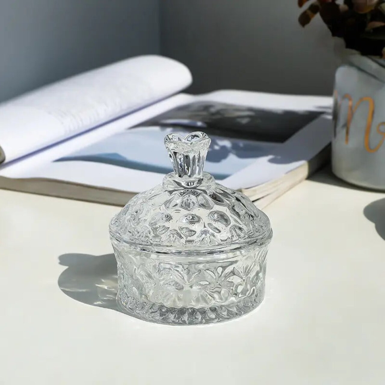 Embossed Glass Storage Jar with Lid Vintage Style Candy Cookie Canister